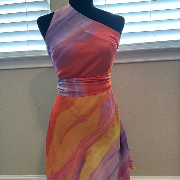 Commense Dresses & Skirts - Commense One-Shoulder Multicolor Satin Dress in Orange, Yellow & Purple